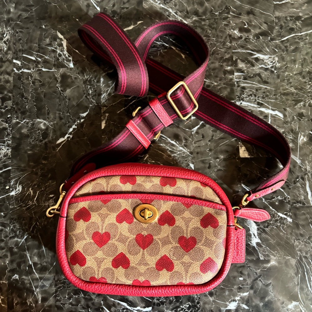 Coach Camera Bag In Signature Canvas With Heart Print Guitar Strap